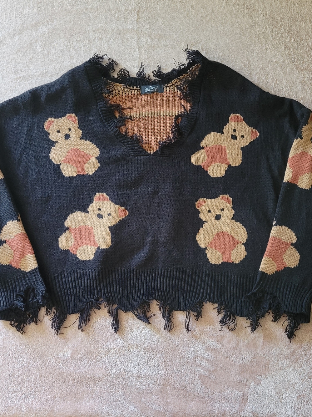 Just Polly New York Black Teddy Bear V-Neck Distressed Sweater